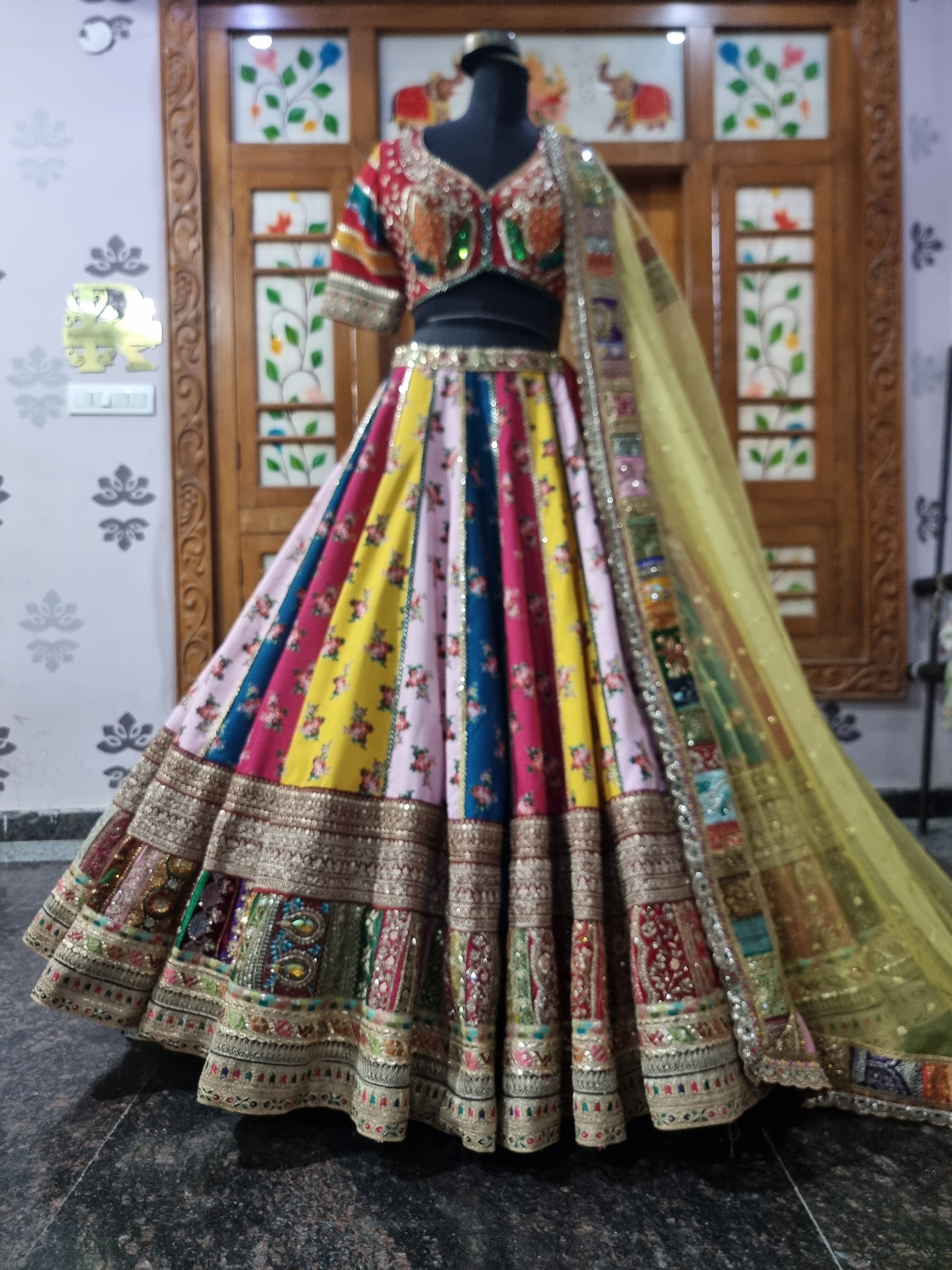 The Gulbahar Multi-Color Rose Printed Lehenga with Heavy Zardozi & Applique Blouse