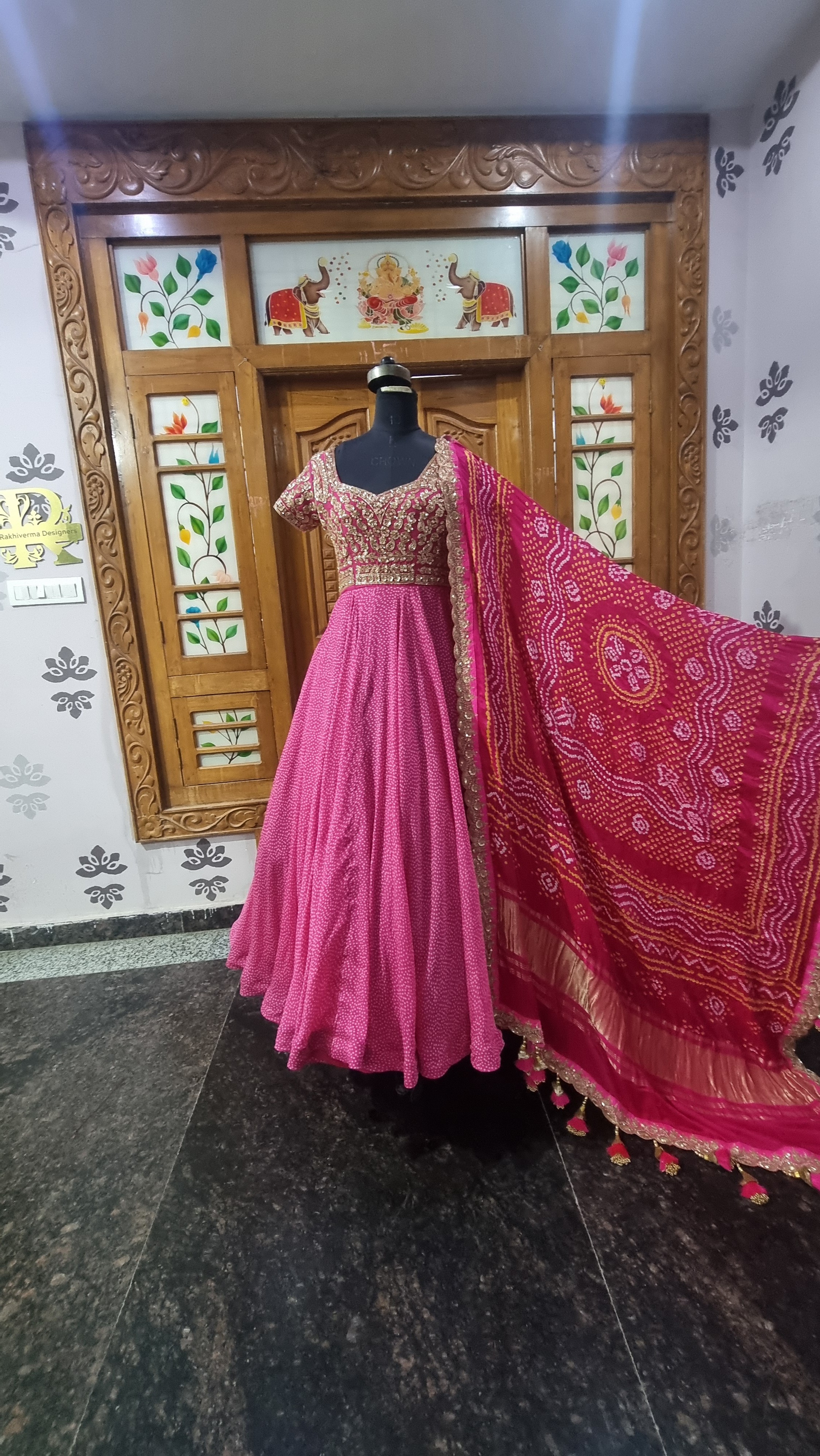 The Ghoomar Heritage – Bandhani Anarkali with Heavy Zardozi Hand Work
