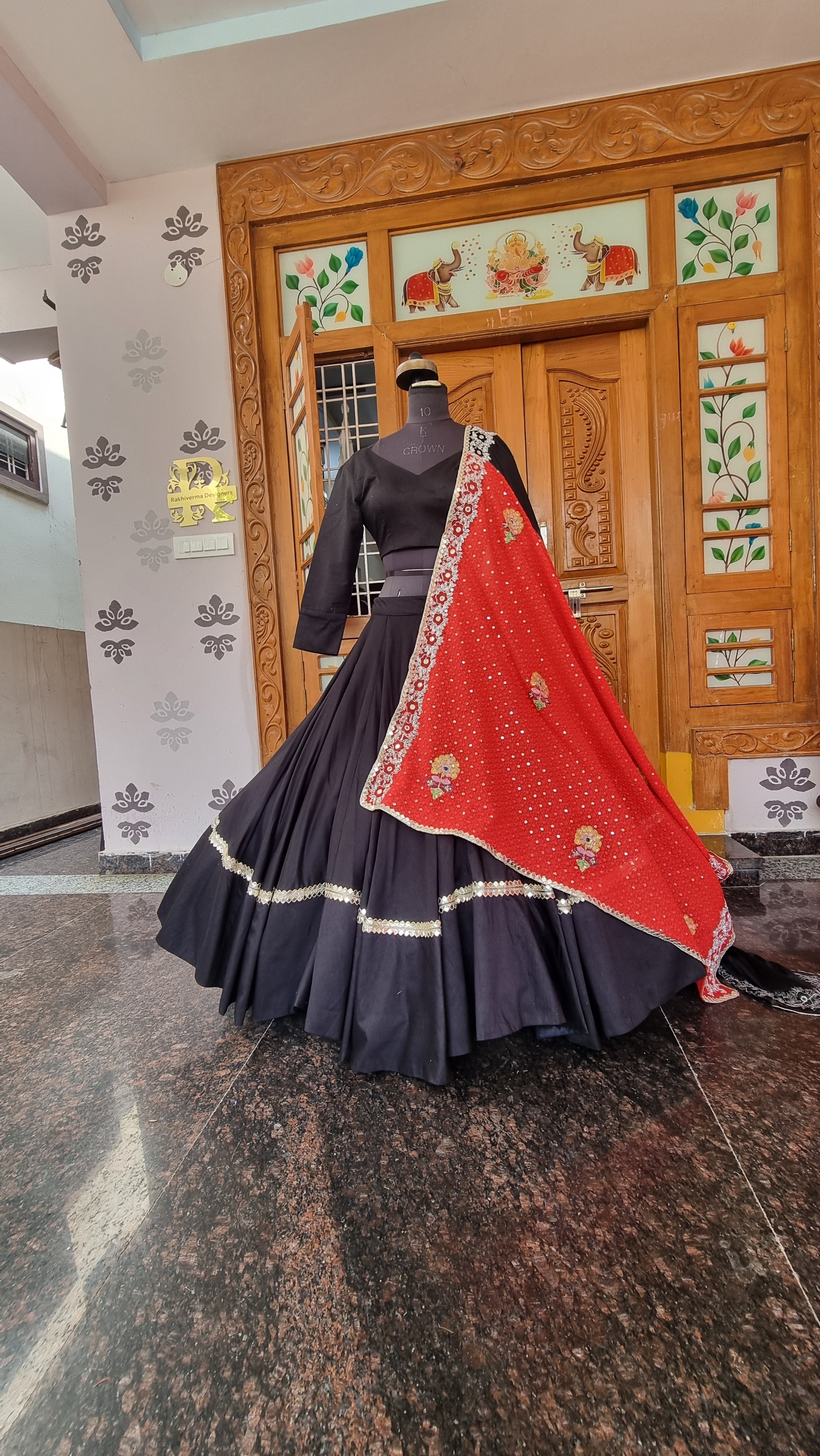 Midnight Black Raw Silk Lehenga with Crimson Red Dupatta