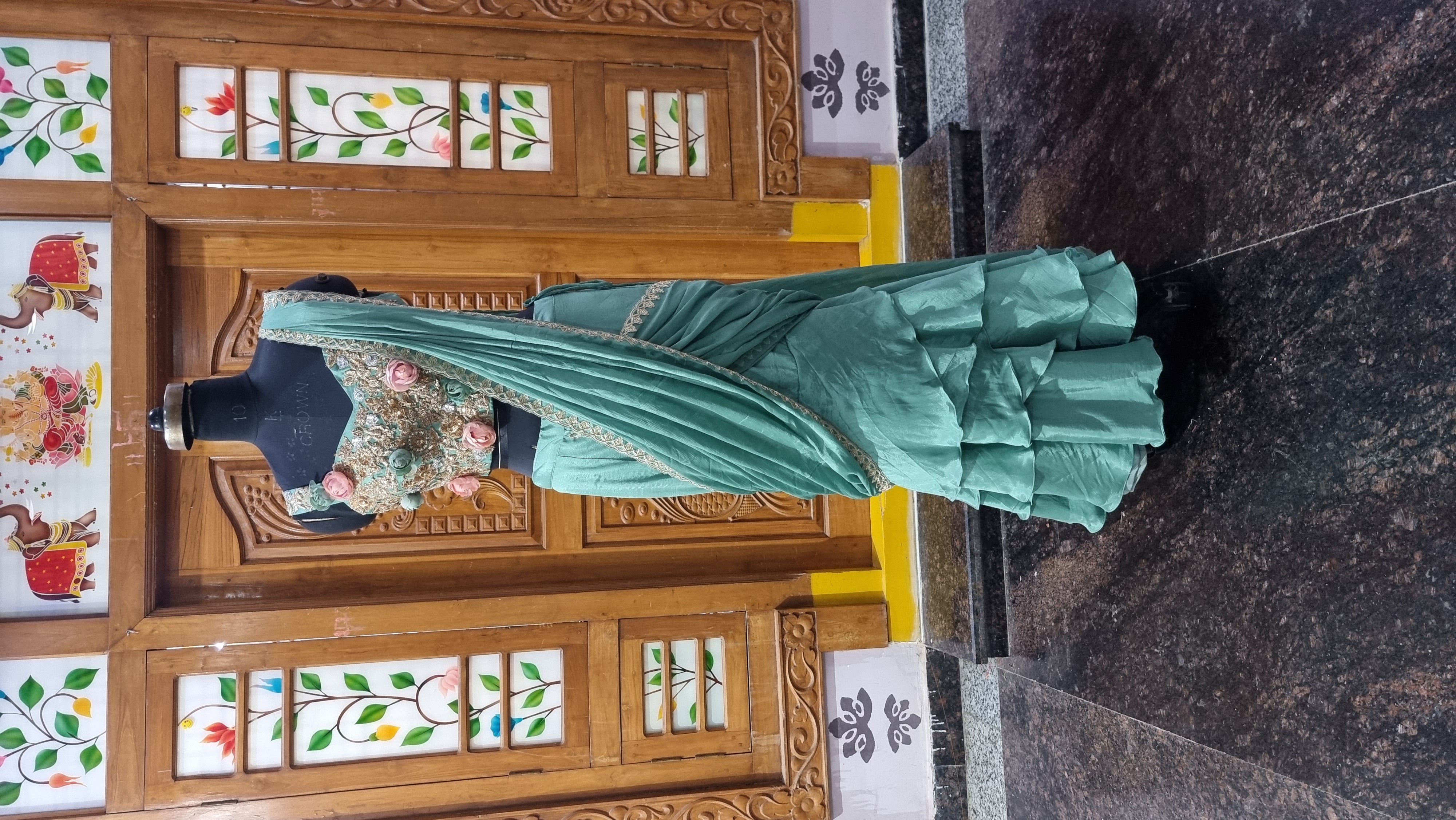 The Apsara Ruffle – Seafoam Green Georgette Saree with Hand-Embroidered Blouse